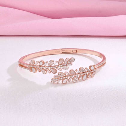 Lacy Leaves Rose Gold Bangle Bracelet-White Stone / Rose Gold