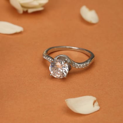 Elegant Solitaire Crystal Ring with Side Accents | Silver-Toned Engagement Ring for Women
