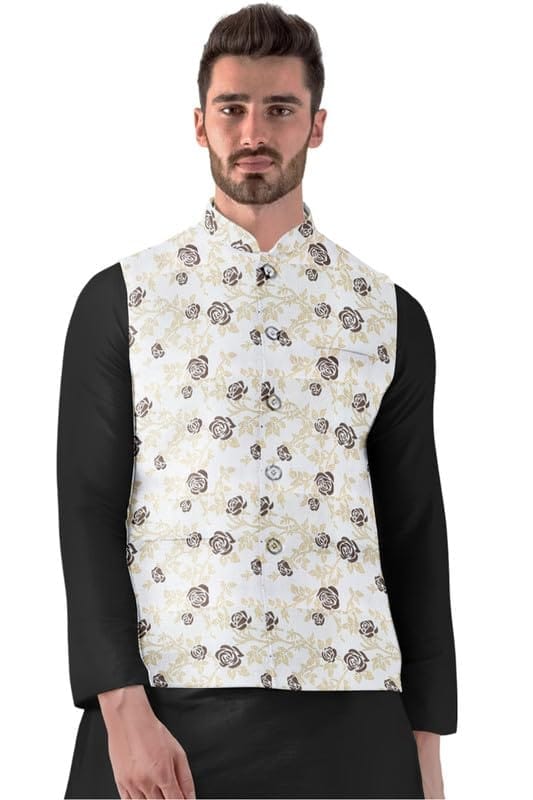 Men's Jacquard Printed Full Sleeve Waistcoat (Beige, 40)-PID53478