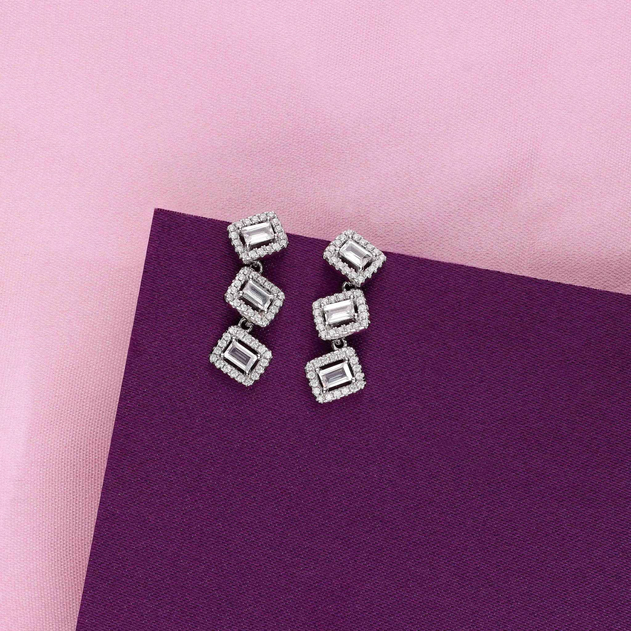 Triple Luxe Sparkle Drop Earrings-White Stone / Silver