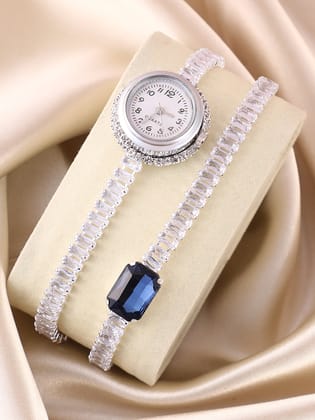 The Crystalized Wrap Round Watch - Metallic Silver (Sapphire Blue Stone)-Watches