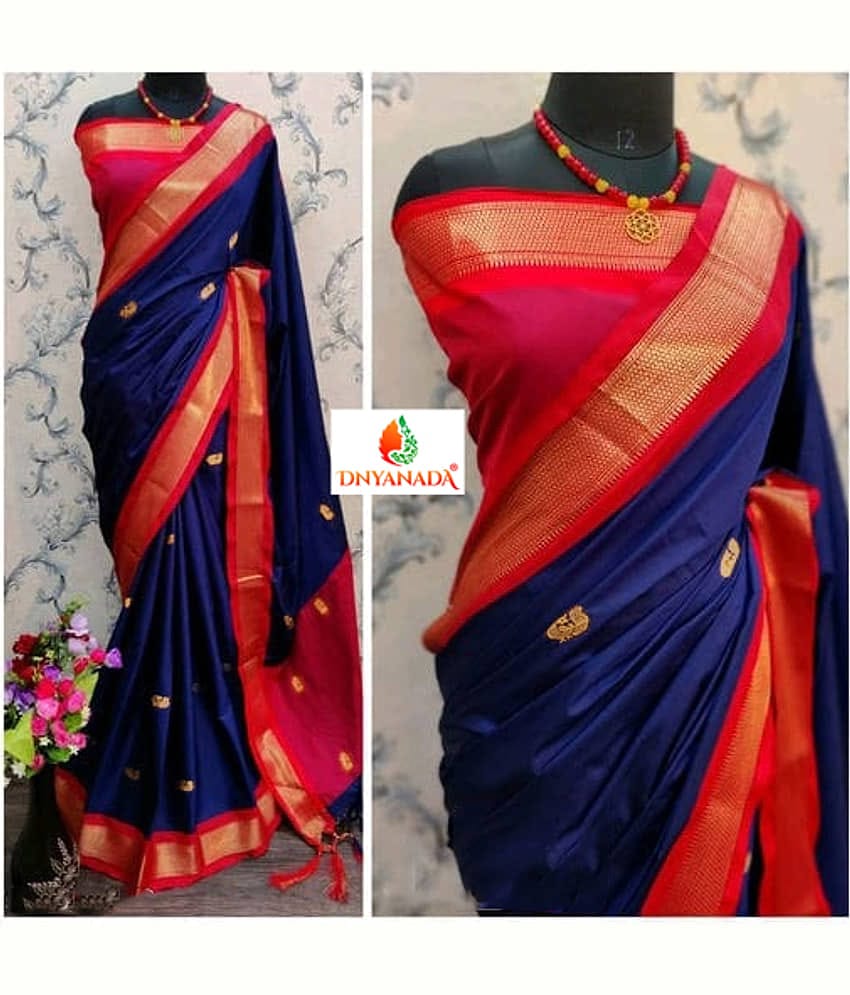 Mysstre Cotton Silk Woven Saree With Unstitched Blouse Piece ( Navy Blue )