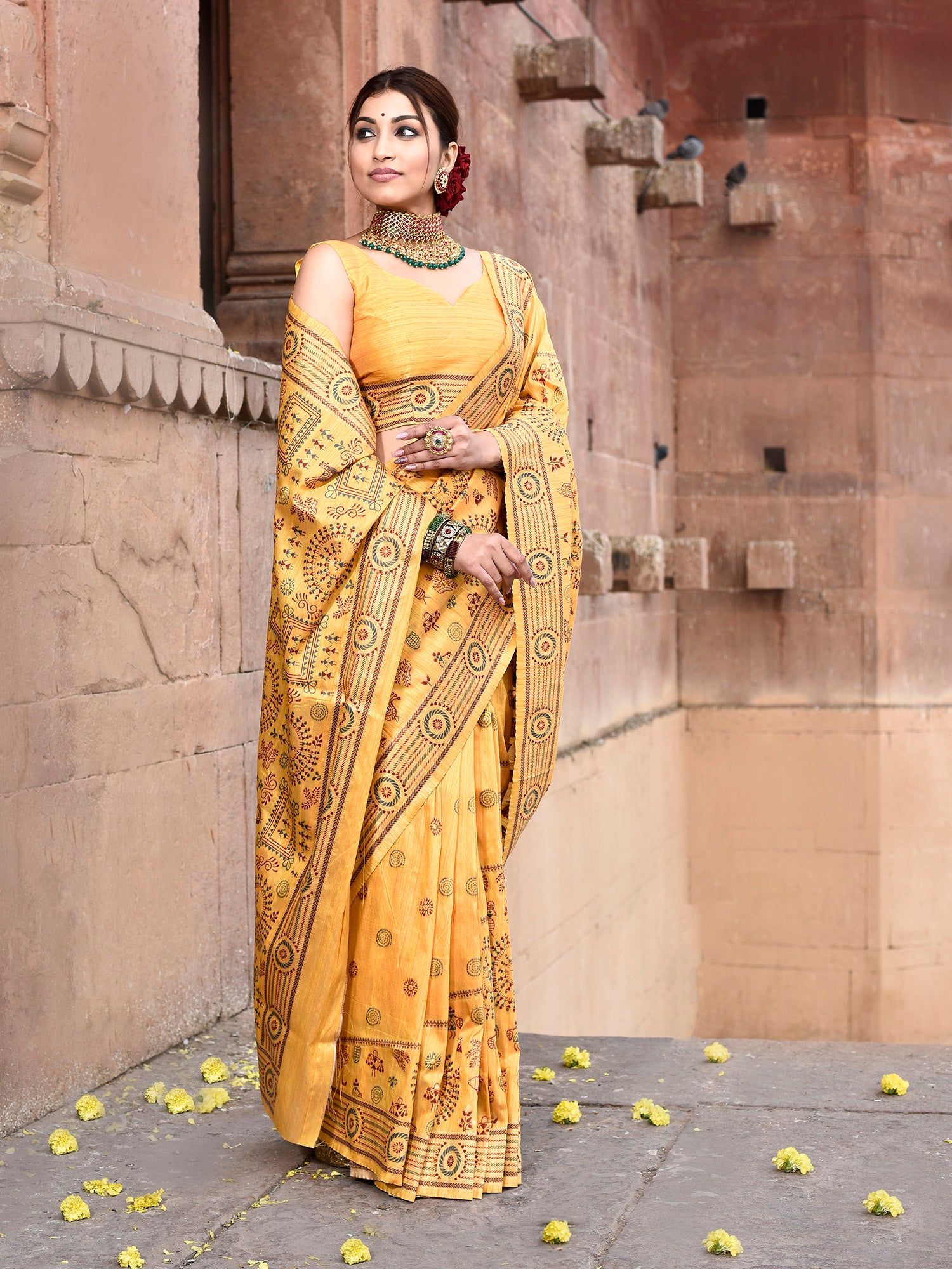 Mustard Pure Tussar Silk Warli Pattern Embroidery Saree