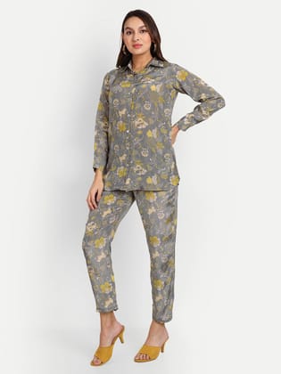 Digital Print Co-Ord Sets in Grey Pure Muslin-XS