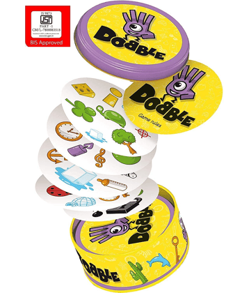 VBE 5 Games in 1 Dobble Card Game for Family and Kids Travelling Board Games Education Card Game Home Party Fun Find Match Cards Spot It Card Game in Iron Box 55 Cards, 2-8 Players