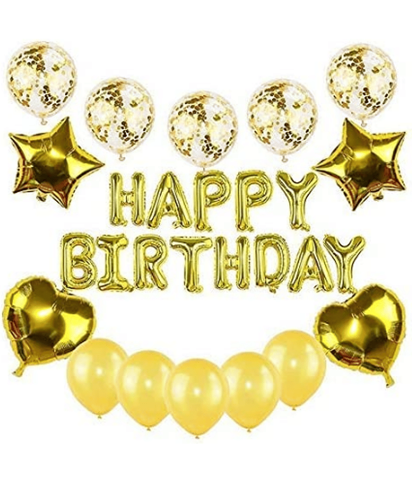 Jolly Party  Decoration Combo 1 Pcs Happy Birthday Foil ,2 Pcs Star,2 Pcs Heart Set With 5 Pcs Gold Metallic Balloons 5 Pcs Confetti Balloons