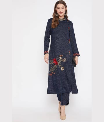 zigo Woollen Embroidered Kurti With Palazzo Women's Stitched Salwar Suit - Navy ( Pack of 1 )