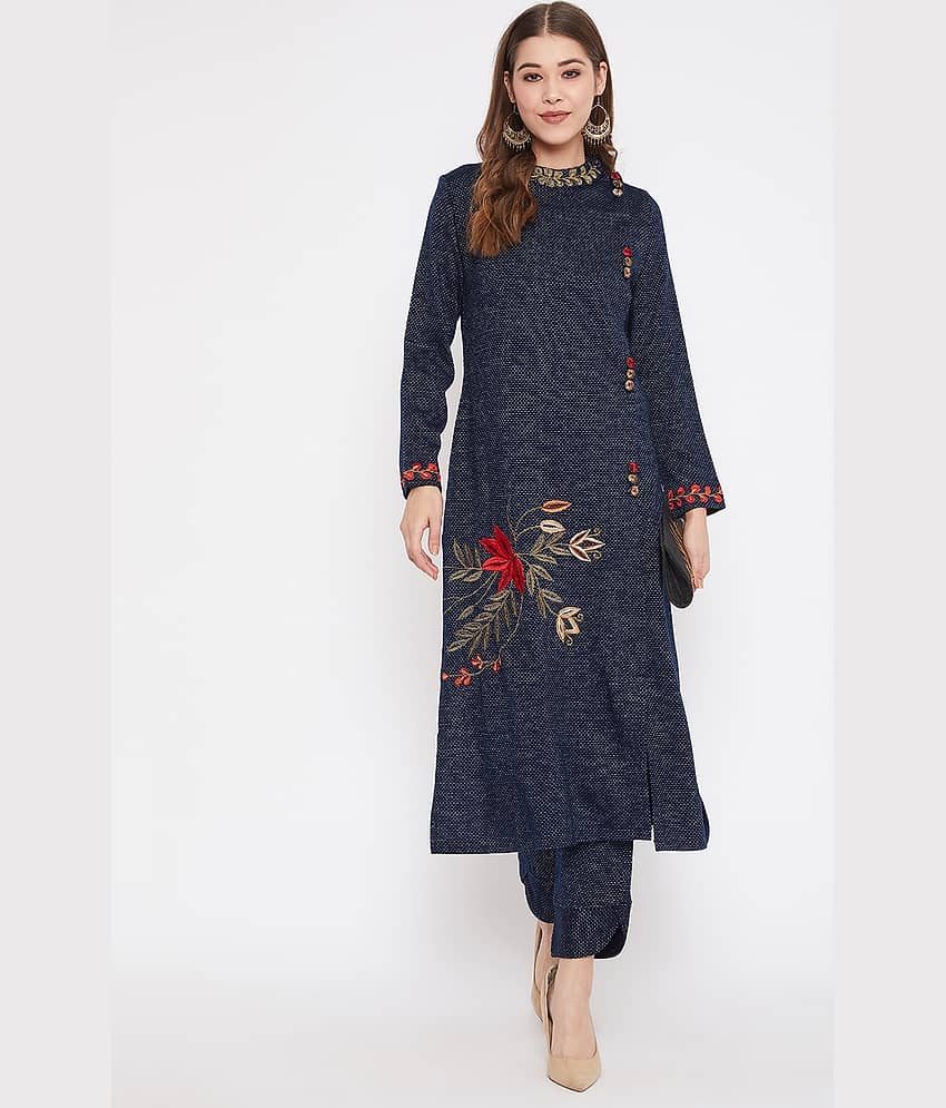 zigo Woollen Embroidered Kurti With Palazzo Women's Stitched Salwar Suit - Navy ( Pack of 1 )