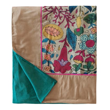 Kalamkari Dohar / Throw 60x90-60 Inches x 90 Inches / Pink Green Yellow Grey / Cotton Layer
