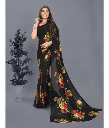 ANAND SAREES Georgette Printed Saree With Unstitched Blouse Piece ( Black )