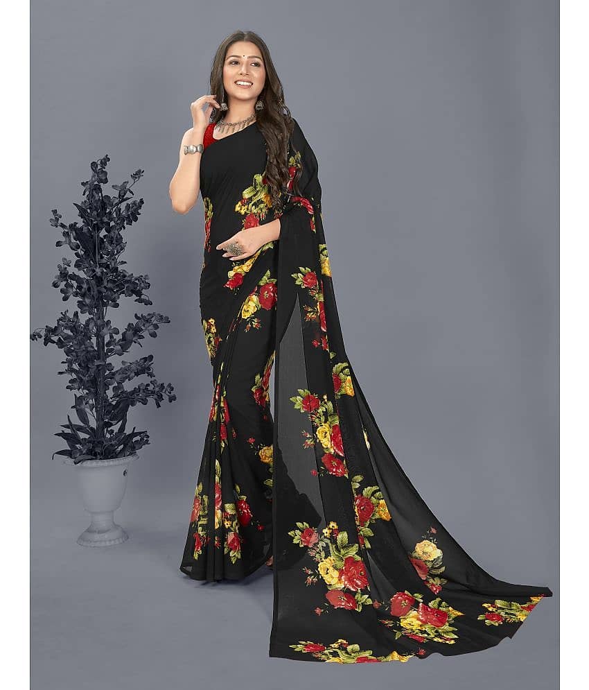ANAND SAREES Georgette Printed Saree With Unstitched Blouse Piece ( Black )