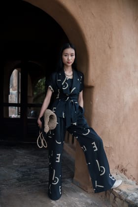 Friday Flared Pants Black Line Printed-XS