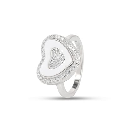 925 Sterling Silver Heart Shape Ring with White Enamel & Cubic Zirconia for Women | Stylish Love Statement Ring