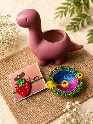 Maatitva Handmade Strawberry Crochet Rakhi & Dinosaur Ceramic Planter Combo | Eco-Friendly Raksha Bandhan Gift