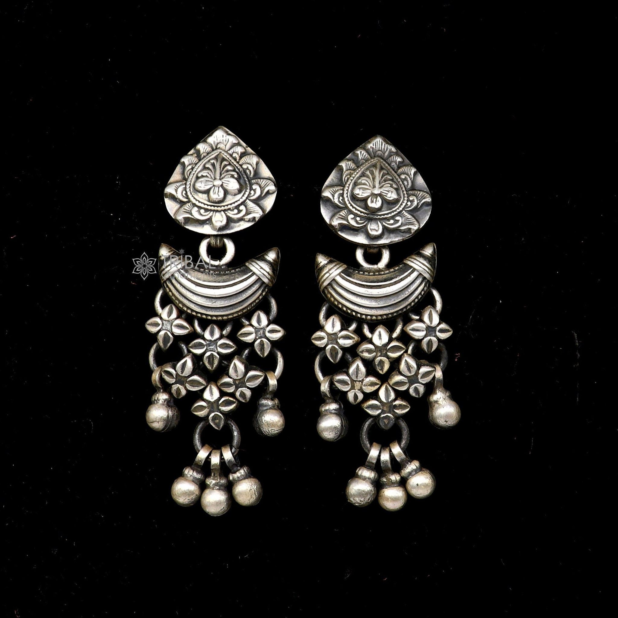 925 sterling silver unique work floral design stud earrings with hanging drops ethnic brides jewellery India s1316