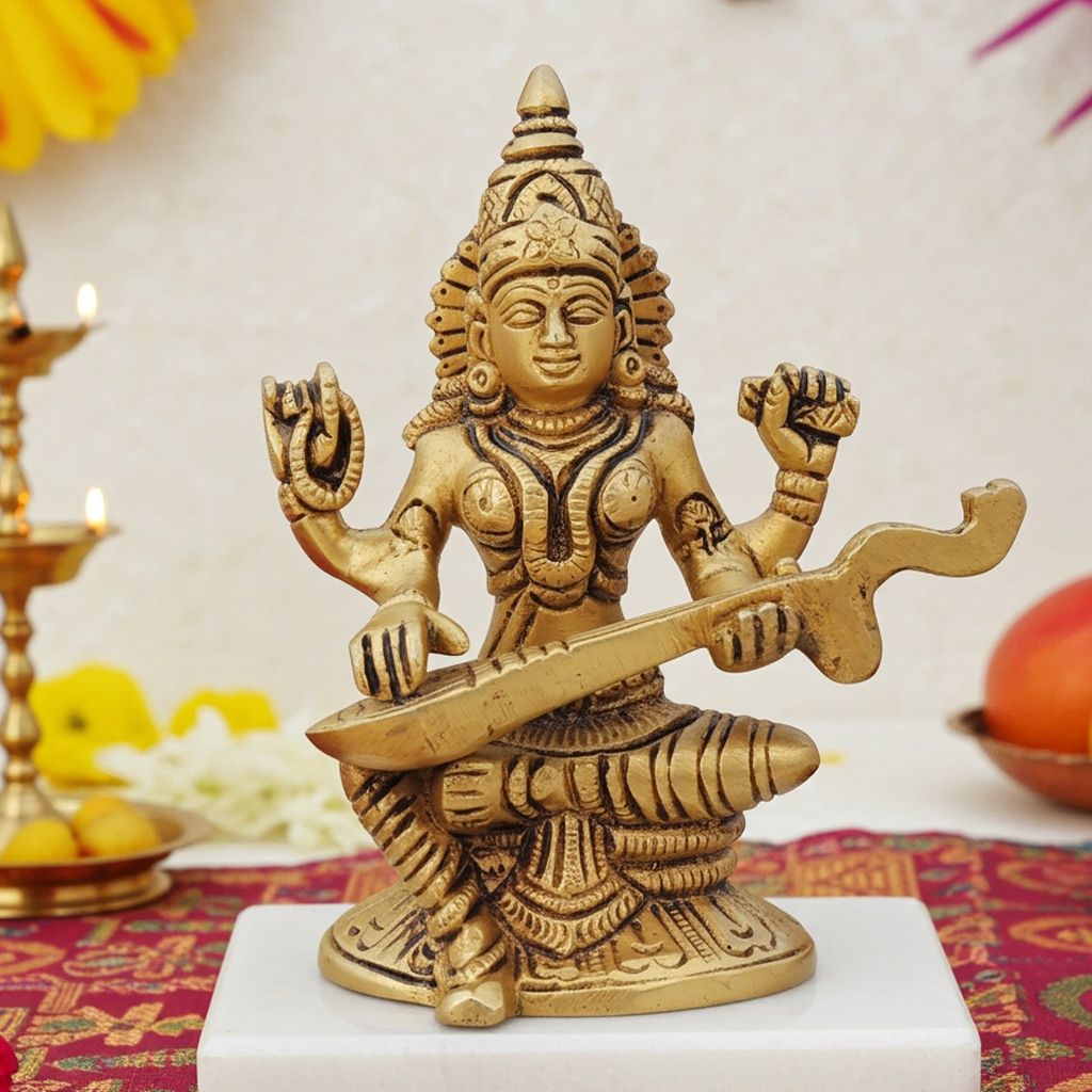 Brass Saraswati Devi Statue - Temple & Study Room Decor, Height : 4.5 Inch (BSMAS1041 S)