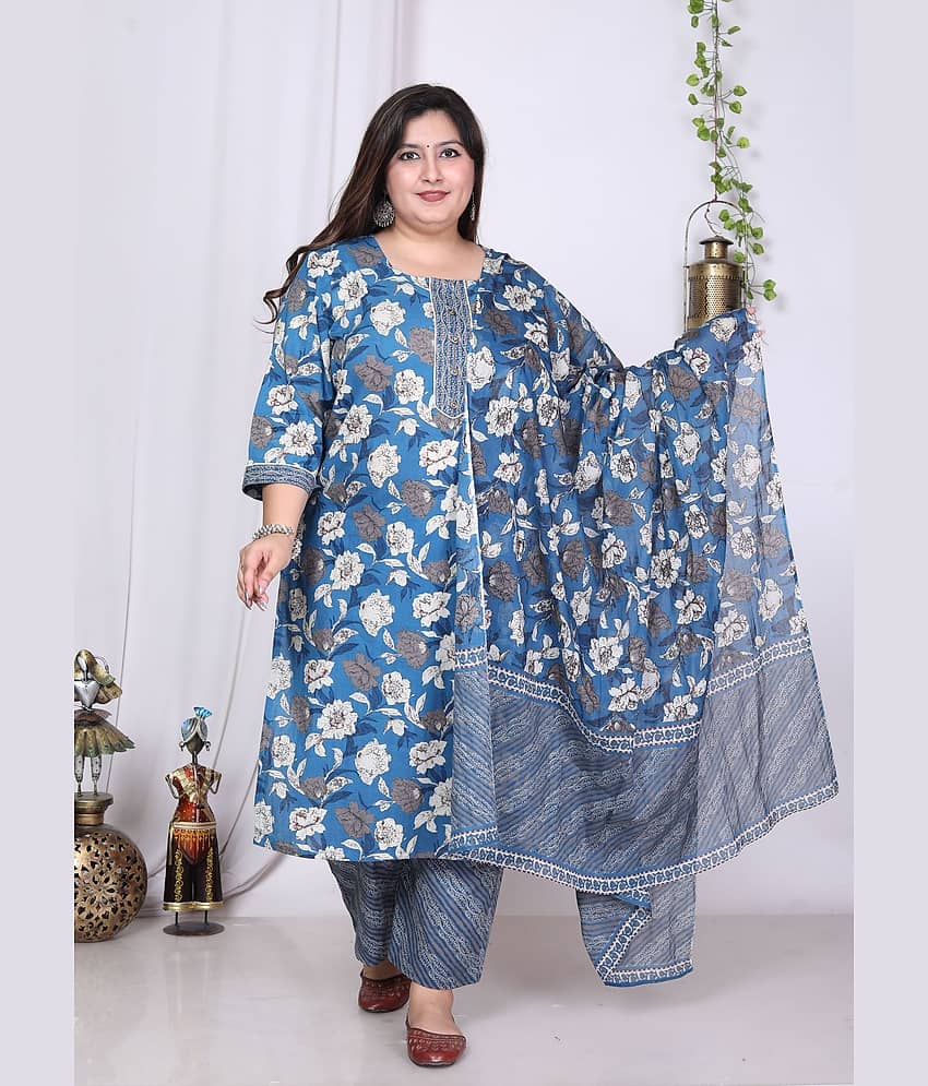 Swasti Cotton Printed Kurti With Palazzo Women's Stitched Salwar Suit - Blue ( Pack of 1 )