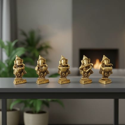 Brass Ganesh Musical Set Idol | Decorative Lord Ganesha Statue, Height : 2.7 Inch (BSMAS1649 C)
