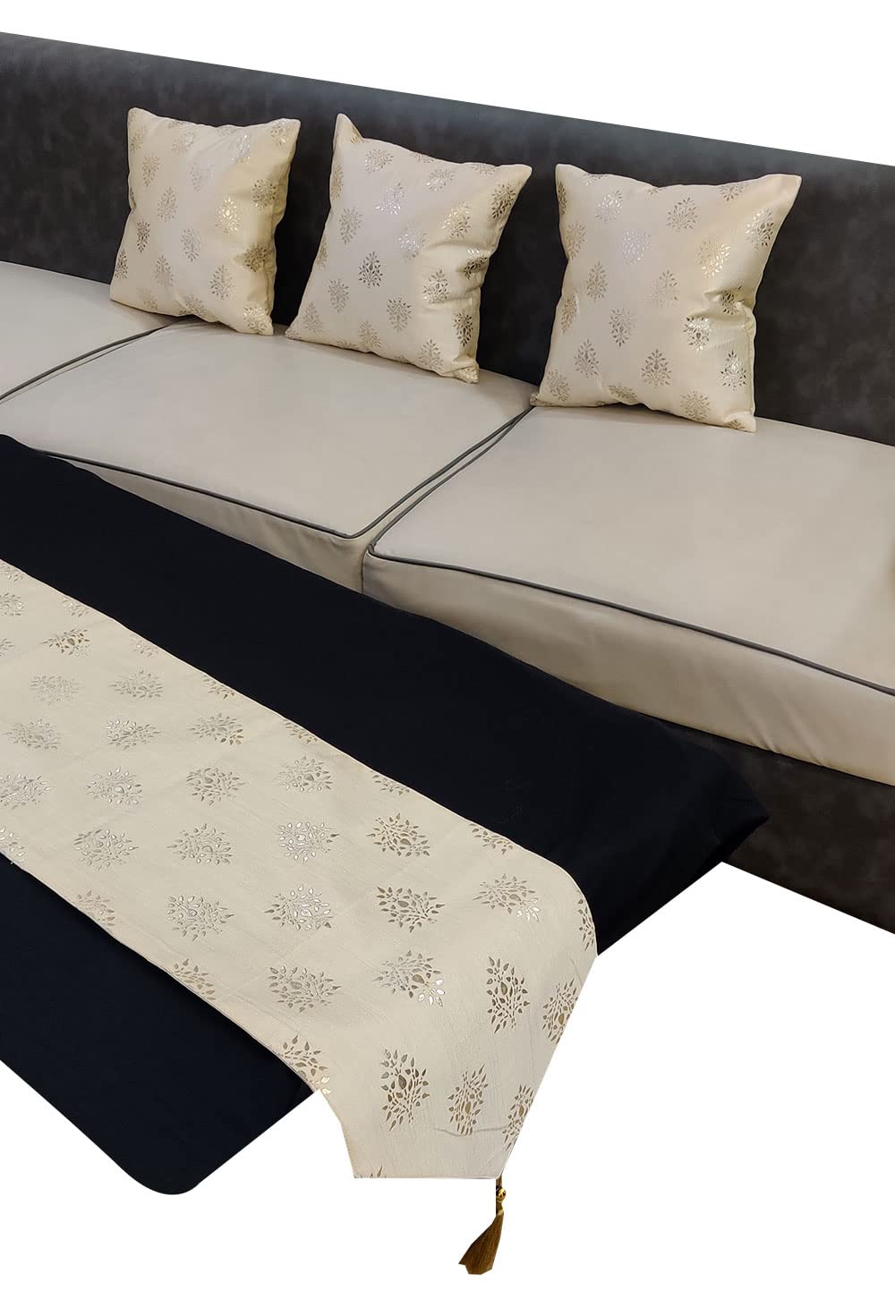 Polyester Silver Floral Foil Printed Cream Square 3 Cushion Covers and 1 Table Runner Combo Luxury Modern Pillow Cover for Sofa Living Room Bedroom |12X12 Inch Cushion Cover I12 X 59 Inch Table Runner