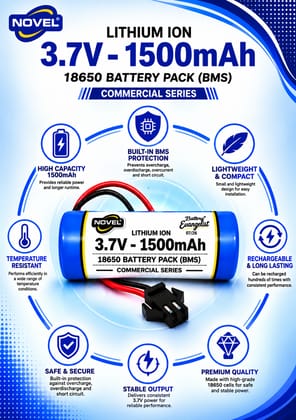 NOVEL 3.7V 18650 LITHIUM ION SM PIN BATTERY WITH CHARGING CABLE- 1500mAh