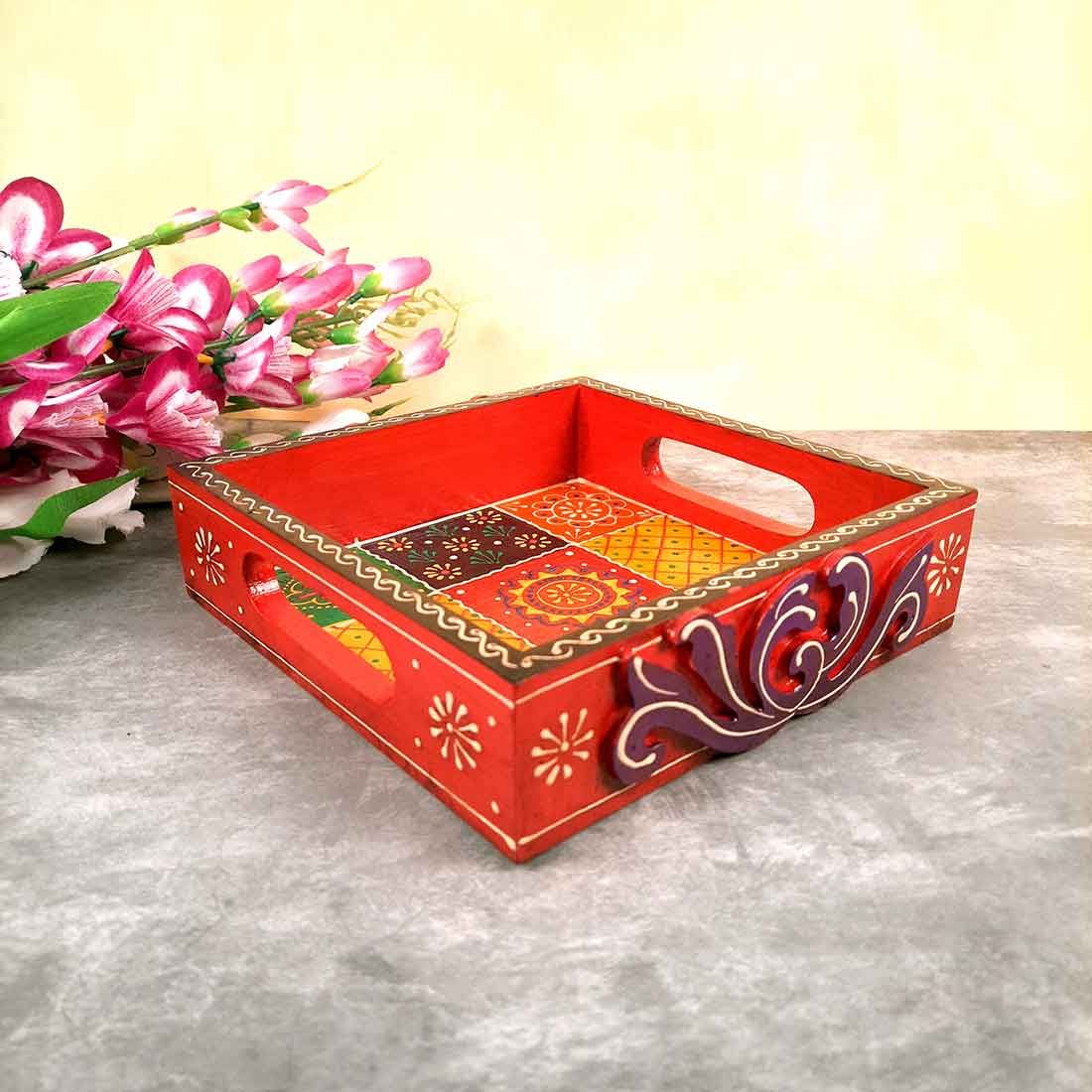 Tray Wooden | Tea & Snacks Serving Platter - Square | Decorative Handcrafted Trays - for Home, Dining Table, Kitchen Decor | Wedding & Housewarming Gift - 8 Inch