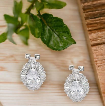 White Silver-Plated American Diamond Studded Oval Drop Earri