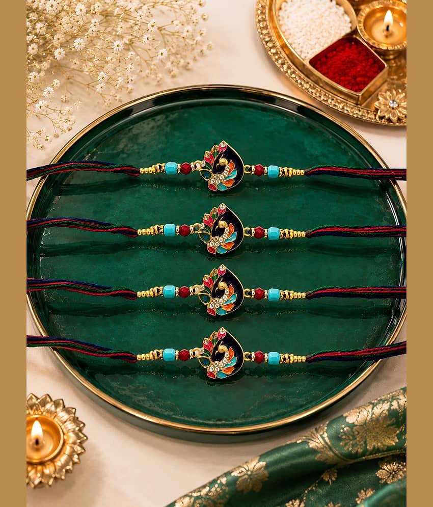 Rhosyn Handmade 4 × Designer Peacock Rakhis 1 × Greeting Card 1 × Small Roli, Chawal, Chandan & Mishri Pack Rakhi Gift Set ( Pack of 4 , Multicolour )