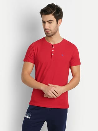 Mens Premium Cotton Half Sleeve Henley T-Shirts-S / Red