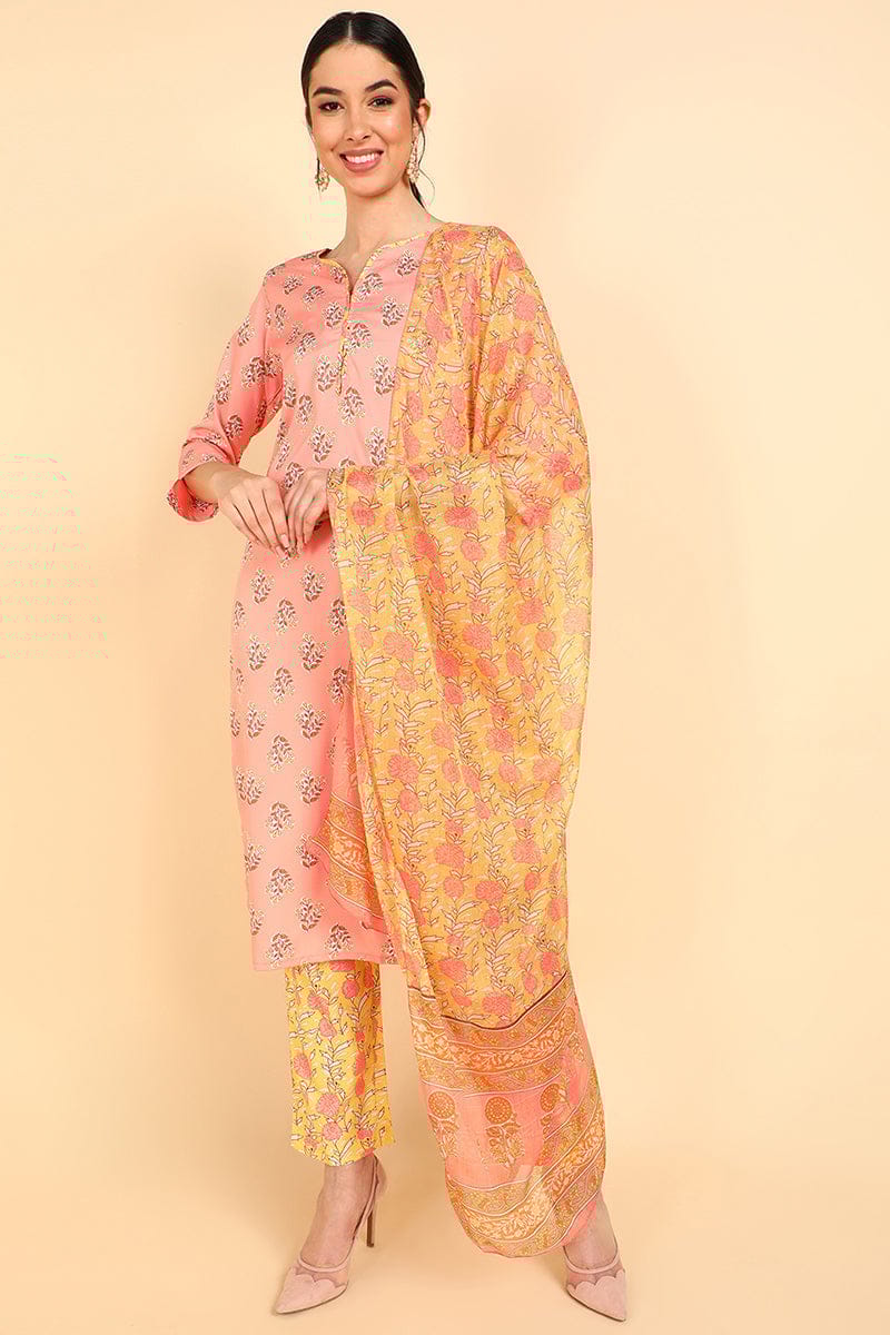 Peach Polyester Ethnic Motifs Straight Suit Set PKSKD1106