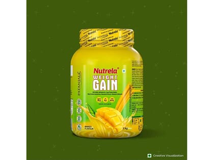 Nutrela Weight Gainer Powder - 1kg Mango Flavour 20g Protein 66.8 Carbs 13 Vitamins 12 Minerals with Khandsari Sugar Ideal for Athlete Men Women Kids above 10 Year