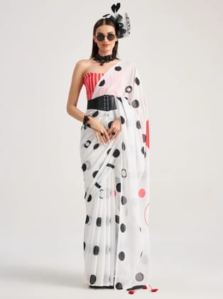 White And Black Printed Georgette Saree with Blouse Piece