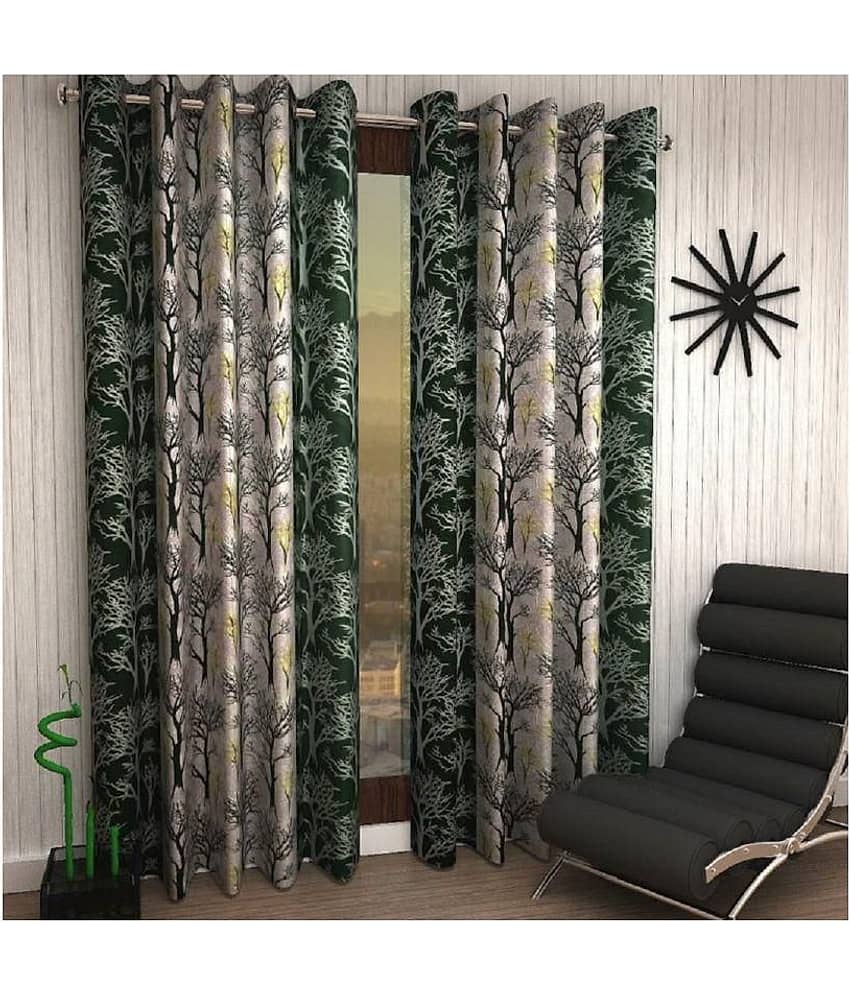 Phyto Home Floral Semi-Transparent Eyelet Long Door Curtain 9 ft Pack of 2 -Green