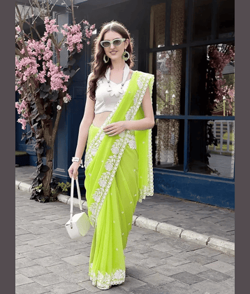 BLEESBURY Georgette Embroidered Saree With Unstitched Blouse Piece ( Lime Green )