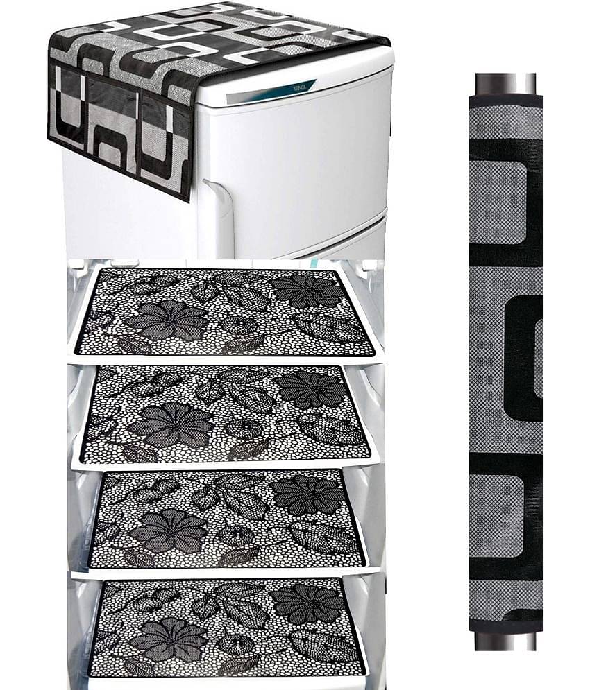 Crosmo Polyester Abstract Fridge Mat & Cover ( 99 53 ) Pack of 6 - Black