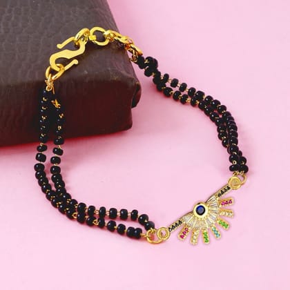 Delicate Rainbow Colourful 18K Gold Cubic Zirconia American Diamond Ball Slider Expandable Adjustable Hand Wrist Mangalsutra Bracelet Women-Gold