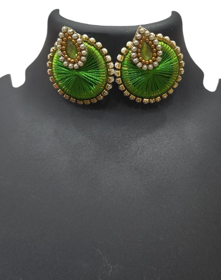 Green and gold round stud earrings with pearl and stone embellishment