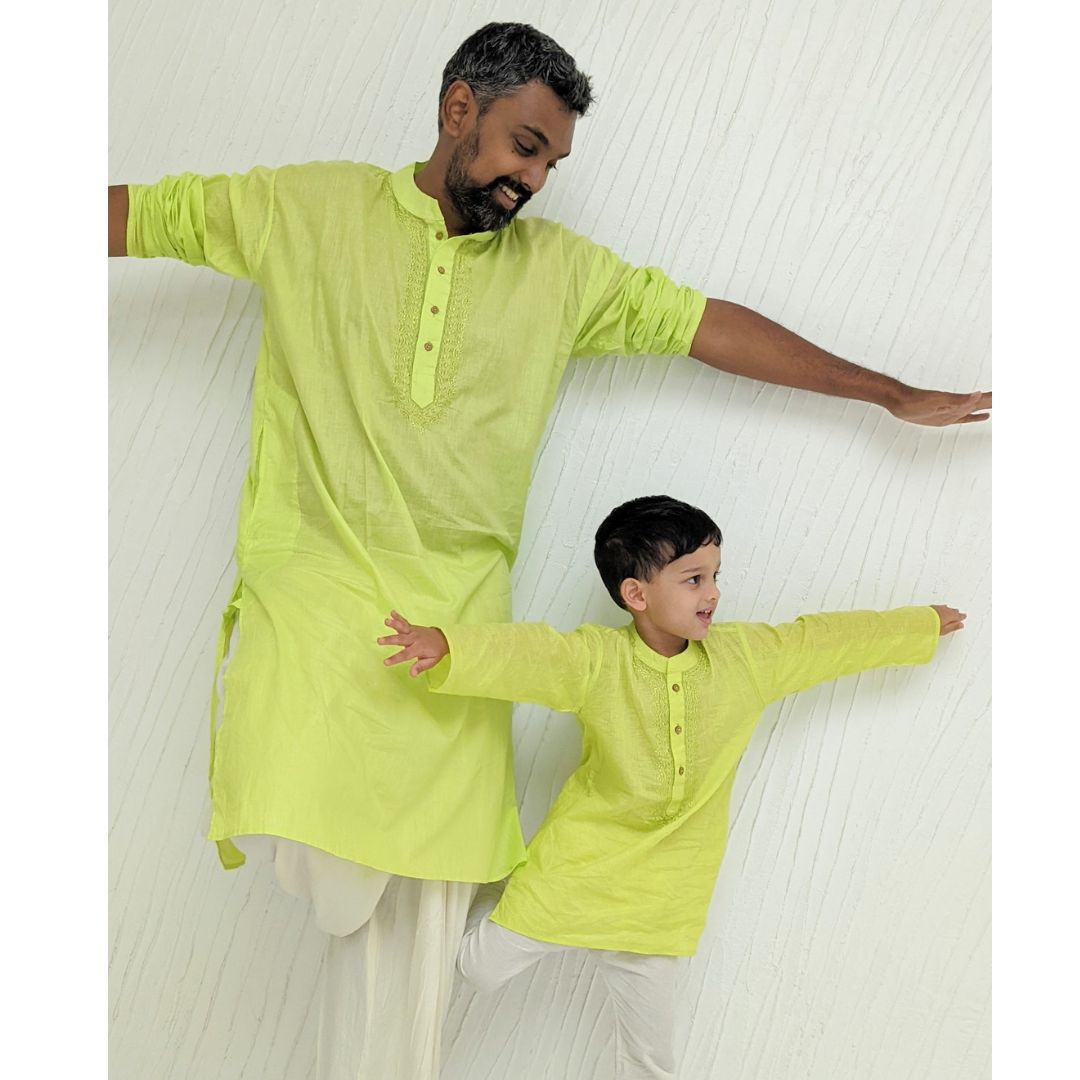 Embroidered Malmal Kurta | Lime Green | Newborn to Adult-0-6m