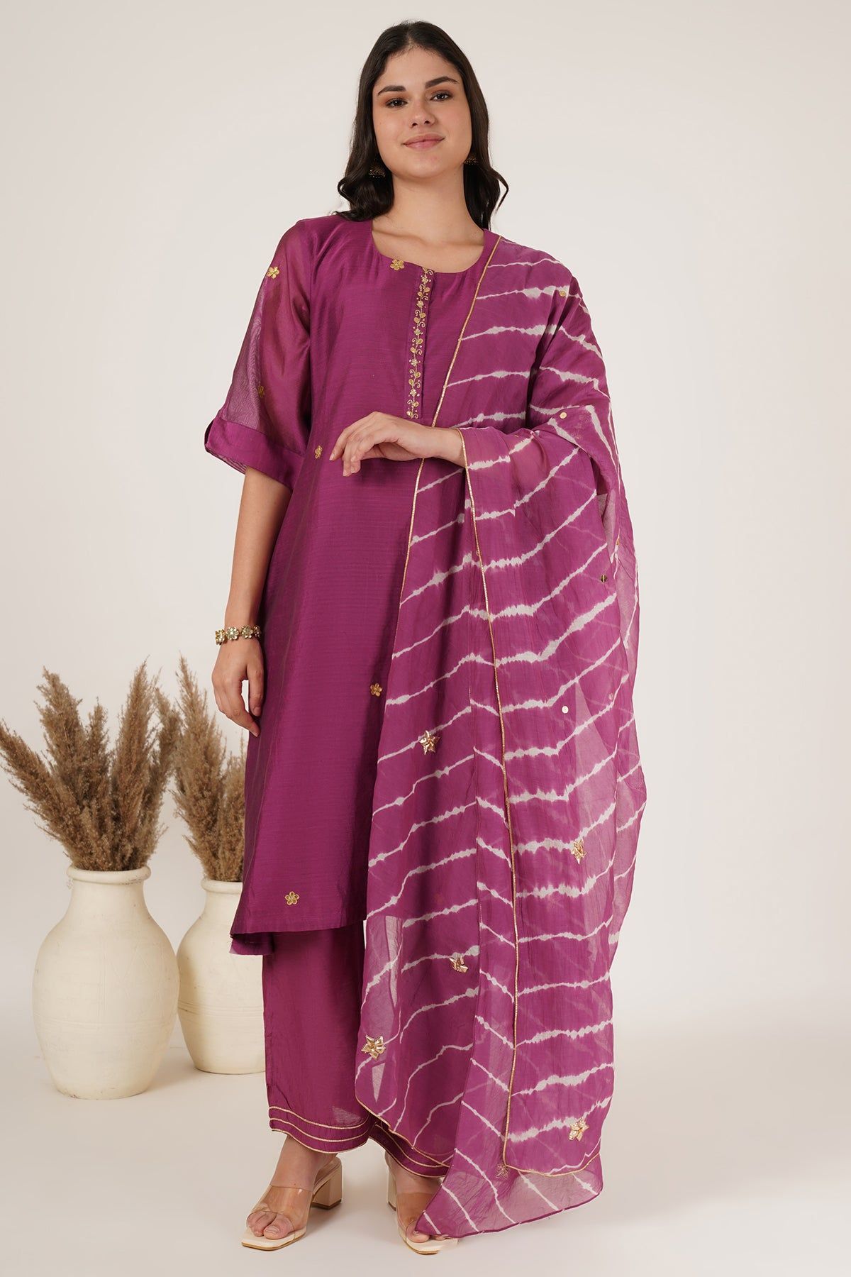 Purple tunic chanderi kurta set of 3-S