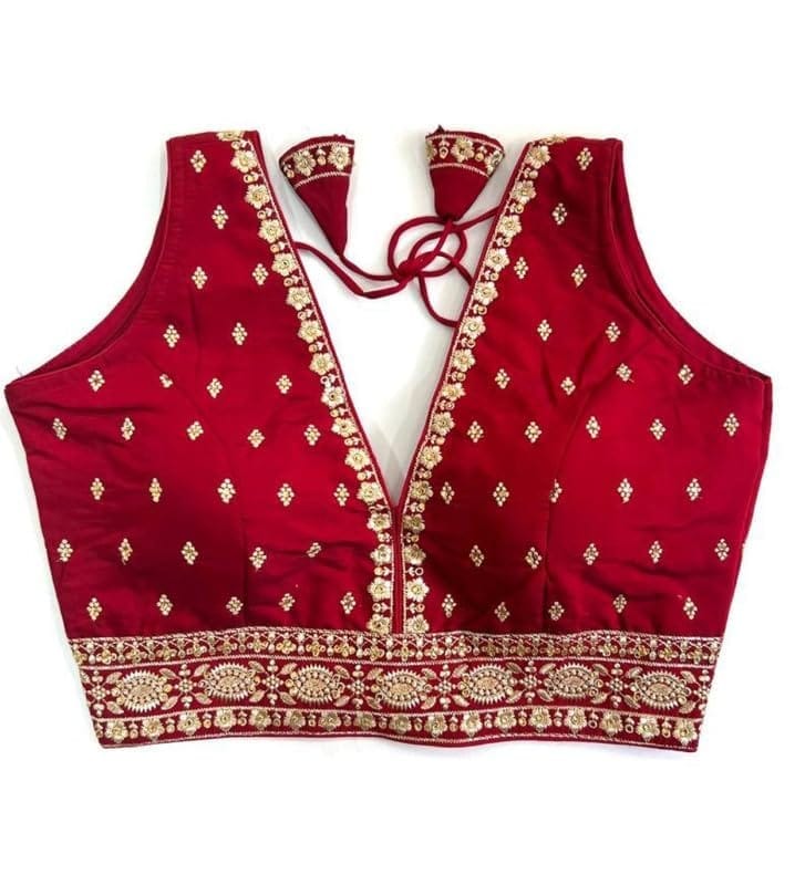 Women's Silk Thread Work V Neck Sleeve Less Readymade Blouse (Maroon, Free Size)-PID57725