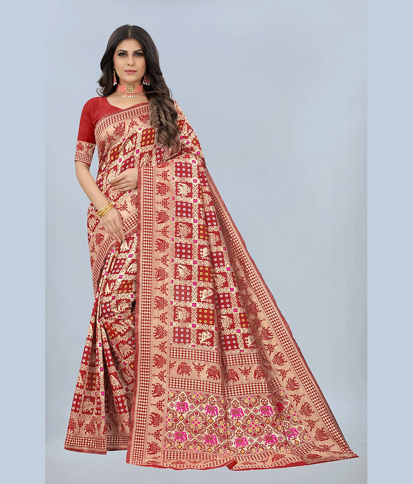 NENCY FASHION Banarasi Silk Embellished Saree With Unstitched Blouse Piece ( Red )