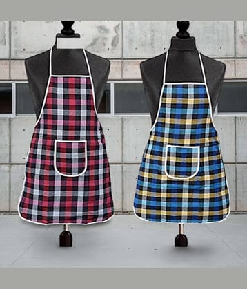 Sanraksshan Cotton Checks Kitchen Apron with 1 Center Pocket ( Pack of 2 )