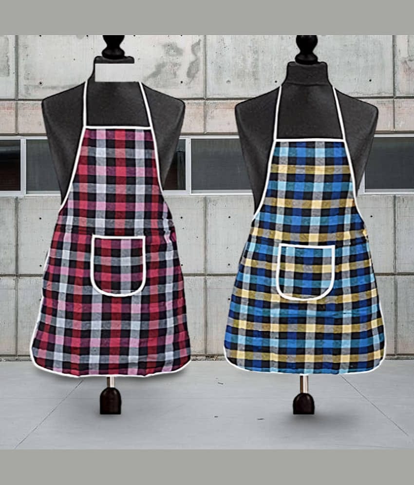 Sanraksshan Cotton Checks Kitchen Apron with 1 Center Pocket ( Pack of 2 )