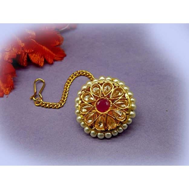 Gold Plated Ruby Rajasthani Borla Maang tikka for Women