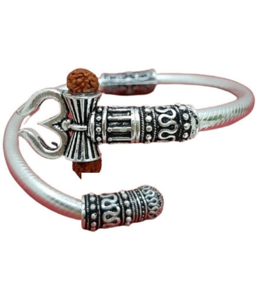 Jewar Mandi Designer Silver Shiva Trishul Rudraksha Damru Kada Bracelet Bangle for Men and Boys