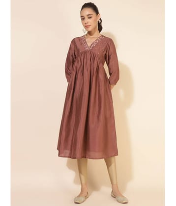 Janasya Silk Blend Embroidered Nayra Women's Kurti - Brown ( Pack of 1 )
