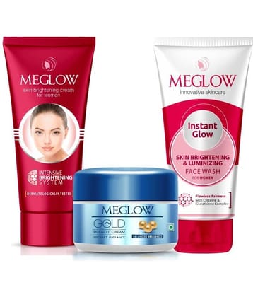 Meglow GOLD BLEACH 50g + SKIN BRIGHTENING CREAM FOR WOMEN 50g + INSTANT GLOW FACE WASH FOR WOMEN 70g