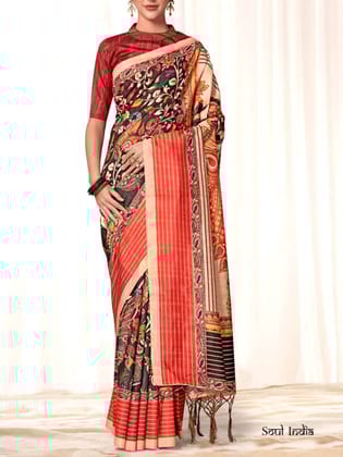 Printed Kalamkari Bhagalpuri Silk Saree - Brown
