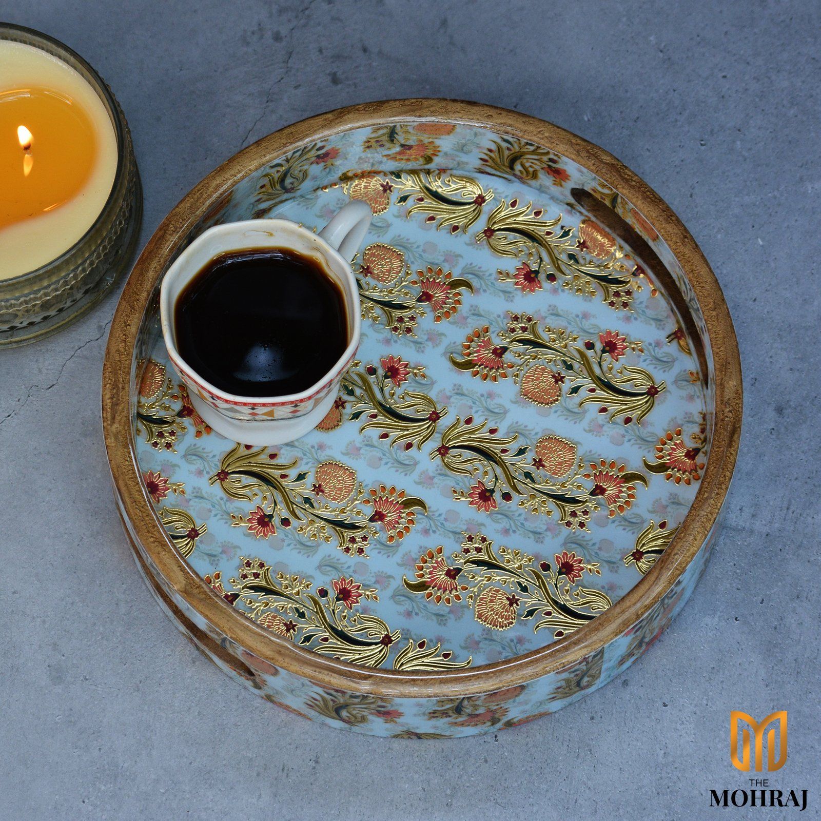 The Mohraj Floral Multicolor Round MDF Trays with Resin Coating Set of 3