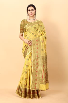 Yavira silk Women's Yellow Handwoven Chanderi Saree
