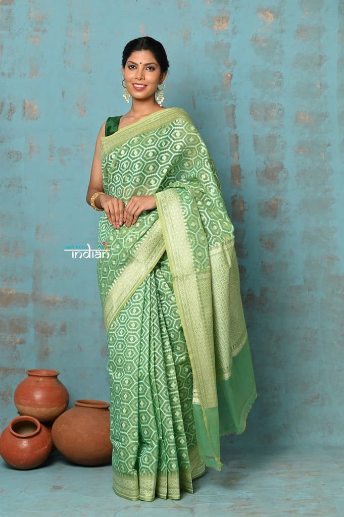 Tejaswi ~ Exclusive High Quality Handloom Banarasi Cotton Saree with Beautiful Abstract Print- Sage Green - Sarees | Buy online on ZillyBuy
